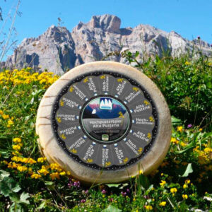 Forma di formaggio Alta Pusteria in un campo di fiori