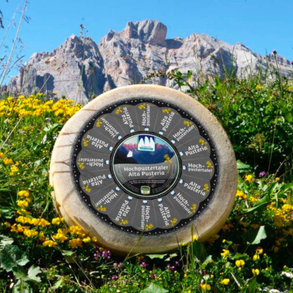 Forma di formaggio Alta Pusteria in un campo di fiori