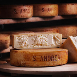 Forme di formaggio Sant'Andrea Stagionato su dei ripiani